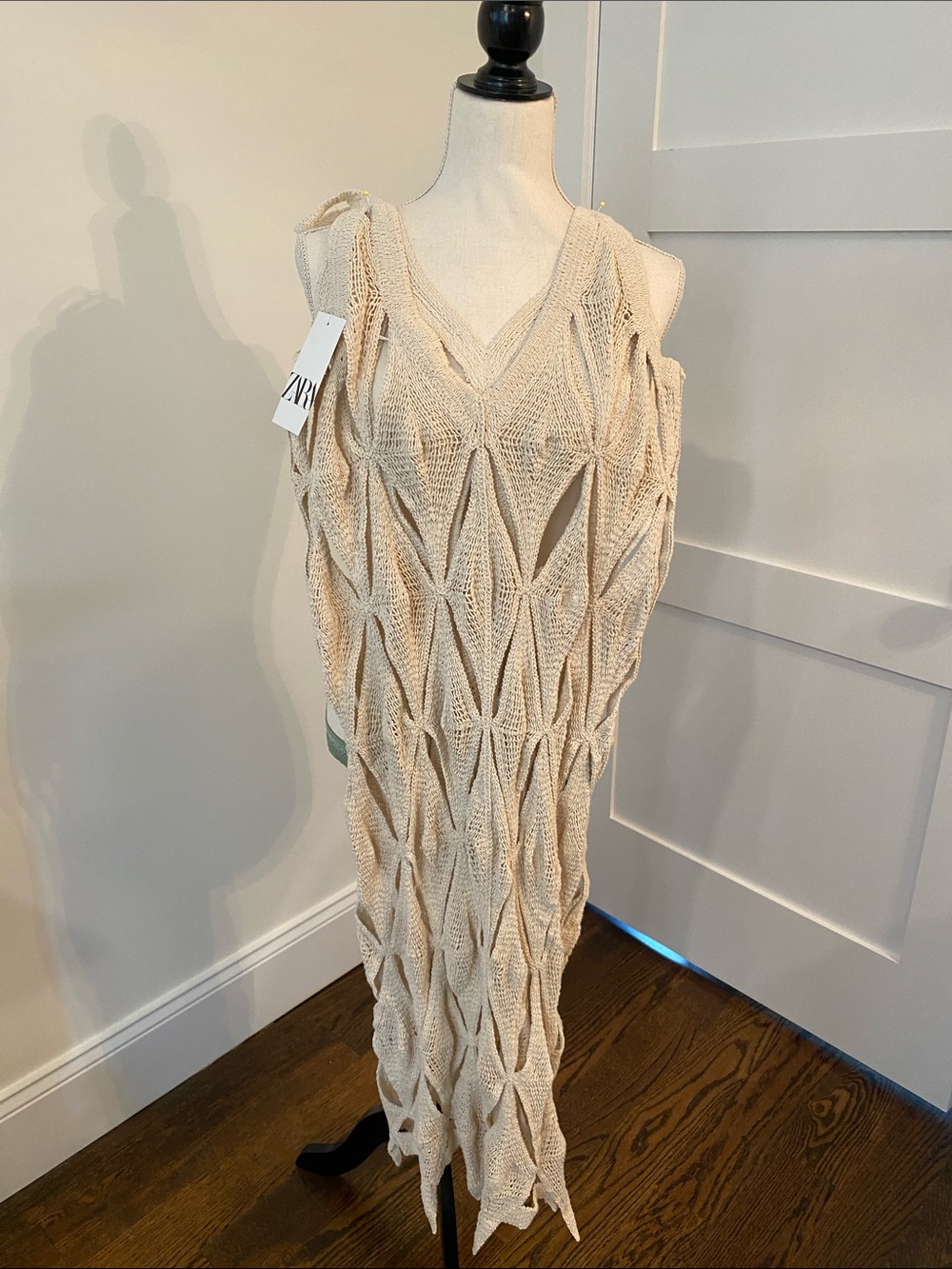 Zara Cream Open-Weave Cold-Shoulder Maxi Dress